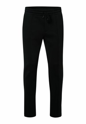 Schwarze Sweatpants mit einem Kordelzugbund, ausgestattet mit einer glatten Textur und tapered Design. Mit Seitentaschen und dezenten Nähdetails.