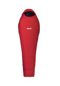 Sac de couchage rouge avec une forme conique, fabriqué en matériau synthétique, doté d'une doublure intérieure, d'un motif à chevrons et d'un logo.