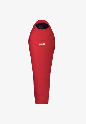 Red sleeping bag with a tapered shape, made of synthetic material, featuring an interior lining, hexagonal quilted pattern, and a logo.