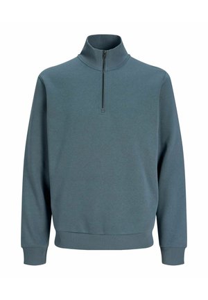 Long-sleeve blue-gray pullover with a high collar and a black half-zipper on a white background.