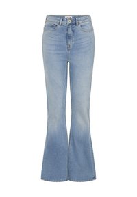 Jeans a zampa d'elefante di colore azzurro chiaro realizzati in denim. Presentano un'altezza alla vita alta, un classico design a cinque tasche e una leggera scoloritura verso l'orlo.