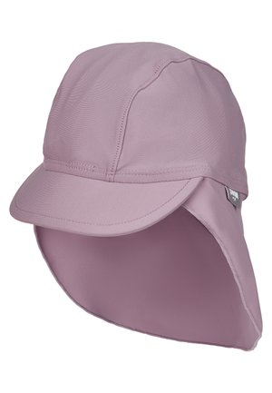 Heller lila Sonnenhut mit breiter Krempe und Nackenschutz. Hergestellt aus weichem, atmungsaktivem Material mit genähten Nähten und einem Etikett an der Seite.