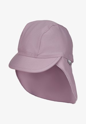 Light purple sun hat with a wide brim and a neck flap. Made from soft, breathable material with stitched seams and a tag on the side.