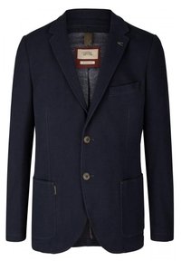 Mörkblå blazer i texturerat tyg, med slagkrage, två framfickor och bruna knappar. Modern passform med detaljerad innertyg.