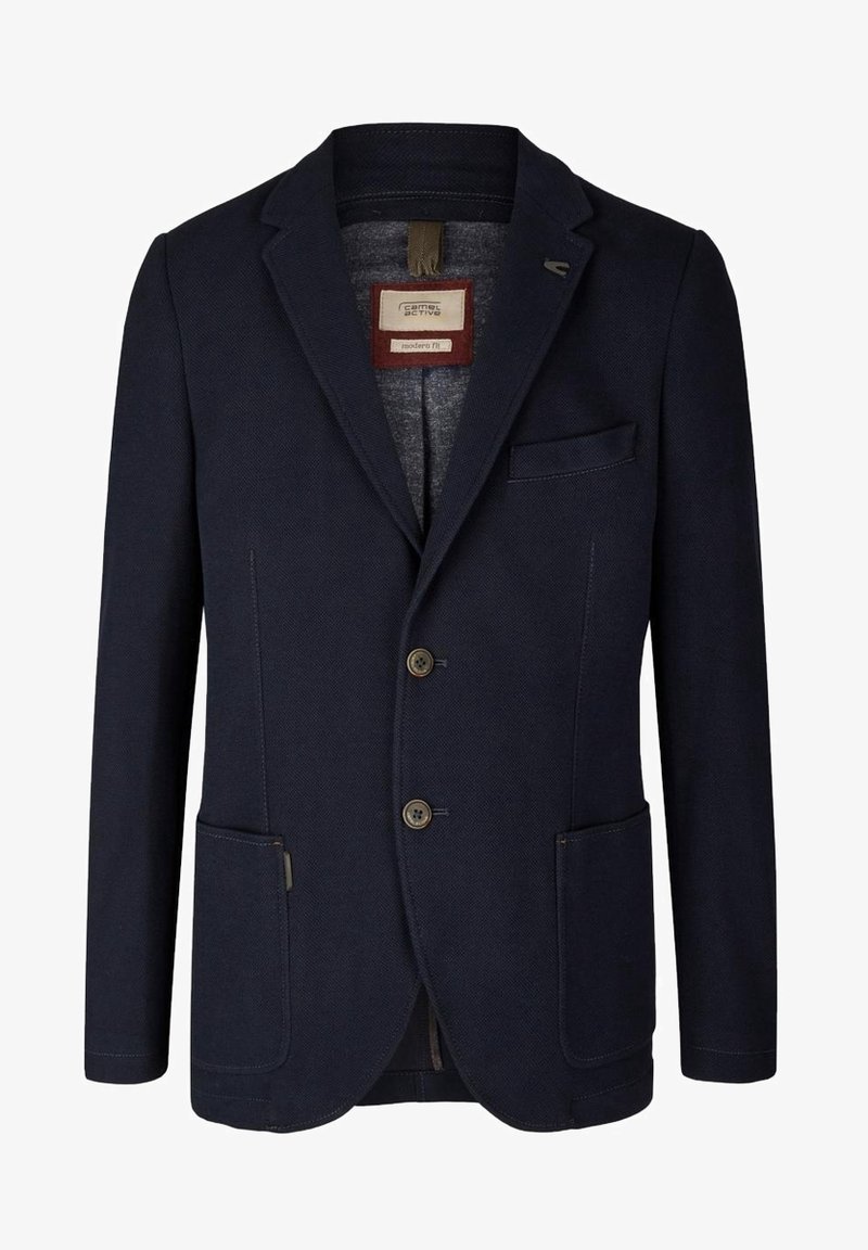 Navy blazer made of textured fabric, featuring a notched lapel, two front pockets, and brown buttons. Modern fit with inner lining detail.