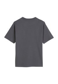 Grijze katoenen t-shirt met korte mouwen, ronde halslijn en een eenvoudige uitstraling. Gladde textuur en standaard pasvorm, gezien van de achterkant.