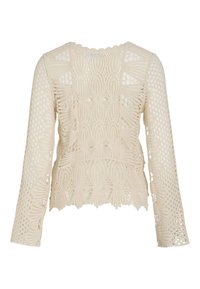 Maglione all'uncinetto di un beige chiaro, con maniche lunghe e un motivo aperto simile a pizzo con bordi ondulati all'orlo.