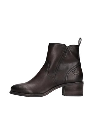 Bottine noire en cuir avec petit talon empilé, languette latérale et logo circulaire embossé près du talon.