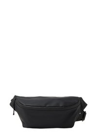 Fanny pack nera realizzata in materiale sintetico liscio; presenta una parte superiore con zip, una forma piatta e una cintura regolabile per un indosso sicuro.