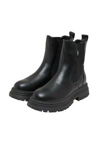 Černé kotníkové boty z hladké kůže s elastickými bočními panely, tlustou strukturovanou podrážkou a zaoblenou špičkou. Obsahují jemný ševový detail.