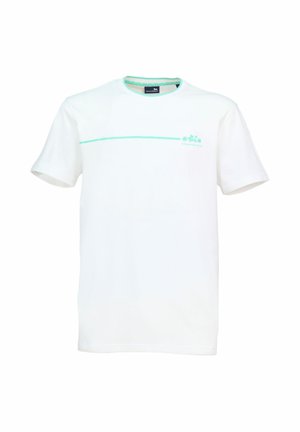 Weißes Baumwoll-T-Shirt mit rundem Ausschnitt, kurzen Ärmeln und einer horizontalen mintgrünen Linie über die Brust mit dezentem Branding.