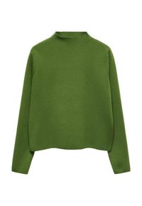 Pull vert à manches longues avec col montant, confectionné en tissu texturé, présentant une silhouette décontractée et un ourlet raccourci.