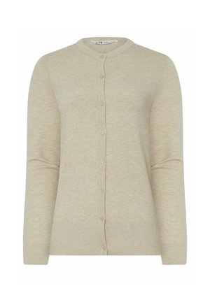 Cardigan lungo in maglia beige con maniche lunghe, scollo rotondo, chiusura frontale a bottoni e polsini e fondo a coste.