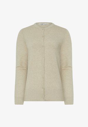 Beige langærmet strikket cardigan med rund halsudskæring, frontknaplukning samt ribbede mansjetter og kant.