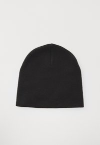 Black knitted beanie hat with a snug fit, rounded top, and smooth texture. No visible patterns or hardware details.