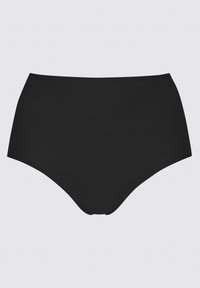 Hochgeschnittene schwarze Unterwäsche aus glattem Stoff, mit einem schlichten Design ohne sichtbare Nähte oder Verzierungen.