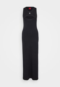 Abito maxi senza maniche nero con silhouette aderente, caratterizzato da un'apertura alla vita e un piccolo logo sul petto. Tessuto morbido.