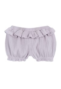 Pantalones cortos de punto en color morado claro con una cinturilla con volantes. Presentan un patrón texturizado y puños elásticos, lo que proporciona un ajuste cómodo.