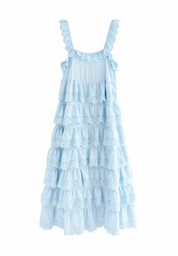 Rochie din bumbac de culoare bleu deschis, cu mai multe straturi, detalii de dantelă, bretele cu margini ondulate și o croială lejeră.