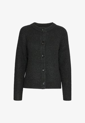 Tumehall villane kardigan, ümar kaelus, ribatud tekstuur ja kuus musta nuppu ees. Pikad, mugava lõikega varrukad.