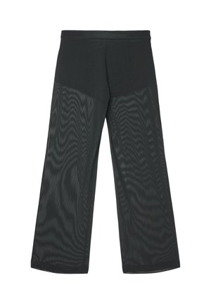 Schwarze Hosen mit weitem Bein aus durchsichtigem Stoff, ausgestattet mit einem glatten Bund, die einen fließenden Fall und eine sichtbare Textur mit dezenten Mustern aufweisen.