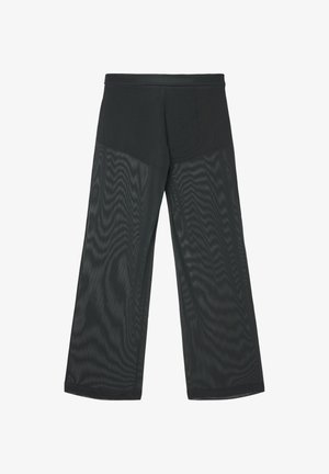 Schwarze Hosen mit weitem Bein aus durchsichtigem Stoff, ausgestattet mit einem glatten Bund, die einen fließenden Fall und eine sichtbare Textur mit dezenten Mustern aufweisen.