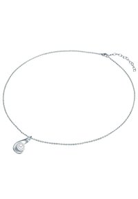 Silverfärgad kedjehalsband med en virvlande berlock som har en vit pärla. Kedjan har en delikat, länkad design och en justerbar stängning.