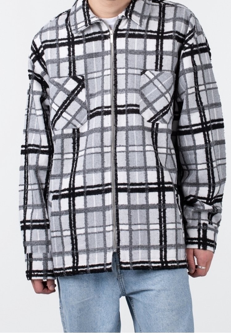 Homme portant une veste zippée à carreaux gris, noir et blanc avec deux poches poitrine et un jean bleu clair, debout devant un fond blanc.