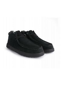 Stivali alla caviglia in suede nero con dettagli di cucitura tradizionale, design con lacci e punta arrotondata, dotati di una suola piatta in gomma per una buona aderenza.