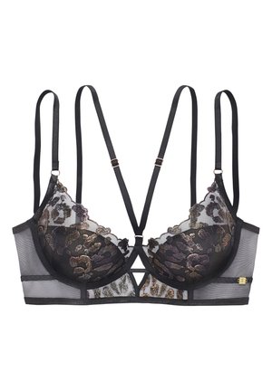 Black lace bra with floral patterns, double thin adjustable shoulder straps, and a mesh band with gold-tone hardware detail.