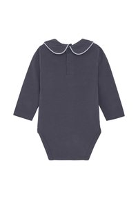Langærmet bodysuit i mørkegrå bomuld med en hvidkantet krave og en tre-knap placket ved halsen. Bodyform med trykknapslukning i bunden.