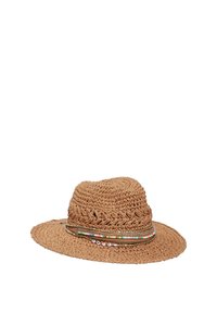 Chapeau de paille tressée brun avec un large bord, décoré d'un cordon tressé et de rangées de perles multicolores autour de la base.