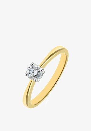Gold ring featuring a round, brilliant-cut diamond set in a six-prong white metal setting. Simple, polished band with a smooth finish.