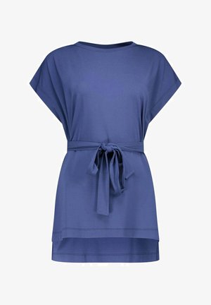 Blauwe tuniek met korte mouwen, ronde hals en een stoffen ceintuur gestrikt in de taille, met een high-low zoom.