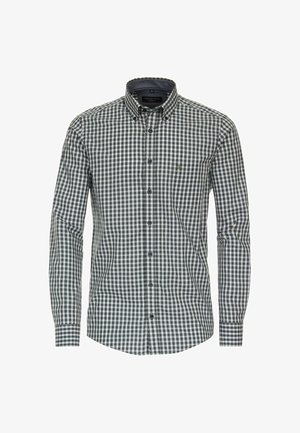 Langærmet skjorte med knapper i et mørkegrått og hvidt gingham-mønster. Har en spidse krave og en enkelt brystlomme.