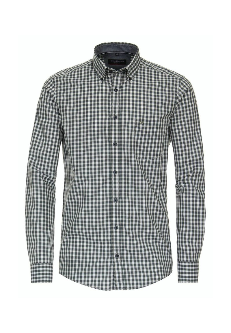 Langsleeve overhemd met knopen in een donkergrijze en witte geblokte patroon. Het heeft een puntcollar en een enkele borstzak.