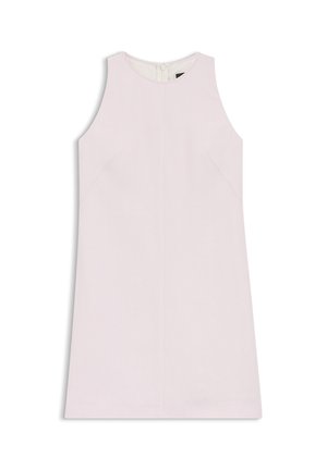 Sleeveless pale pink knee-length dress with round neckline and back zipper closure, displayed flat on white background.