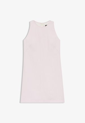 Sleeveless pale pink knee-length dress with round neckline and back zipper closure, displayed flat on white background.