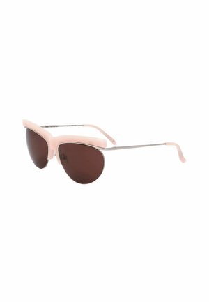 Occhiali da sole con montatura superiore rosa chiaro e terminali delle aste, lenti tonde marrone scuro e sottili aste in metallo argentato.