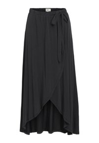 Jupe portefeuille noire en tissu léger. Elle possède une fermeture à nouer à la taille et un design fluide avec un ourlet asymétrique.