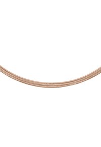Koperkleurige kettingcollier met een gelaagd ontwerp, dat meerdere strengen van met elkaar verweven schakels bevat en een gladde metalen textuur heeft.
