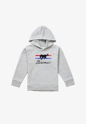 Hellgrauer Kapuzenpullover mit Kängurutasche vorne, der ein schwarzes Bronco-Silhouettenmotiv über rot-weiß-blauen Streifen und dem Schriftzug "Bronco" zeigt.