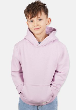 Helle rosa Kapuzenjacke aus weichem Stoff mit einer Fronttasche und gerippten Bündchen. Verfügt über eine geräumige Kapuze und ein Etikett nahe dem Saum.