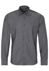 Chemise grise à manches longues en tissu texturé. Comprend un col boutonné et des boutons sur le devant. Design minimaliste avec un ourlet droit.