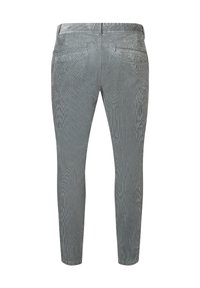 Slim-fit grijze broek met een gestructureerde stof, voorzien van een tailleband, twee achterzakken en taps toelopende benen, met een subtiel patroon.