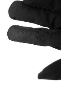 Black fabric glove close-up, featuring a smooth texture, tapered fingers, and a seamless design. Suitable for various tasks or activities.