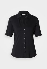 Chemise noire à manches courtes avec col, six boutons à l'avant et coupe décontractée.