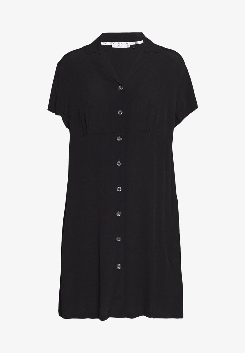 Robe noire à manches courtes avec boutons, col et couture à la taille, avec une rangée de neuf boutons sur le devant.