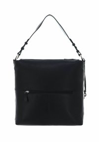 Zwarte leren crossbody tas met een platte rechthoekige vorm, voorzien van een bovenste rits en een voorzak met rits. Inclusief verstelbare schouderband.