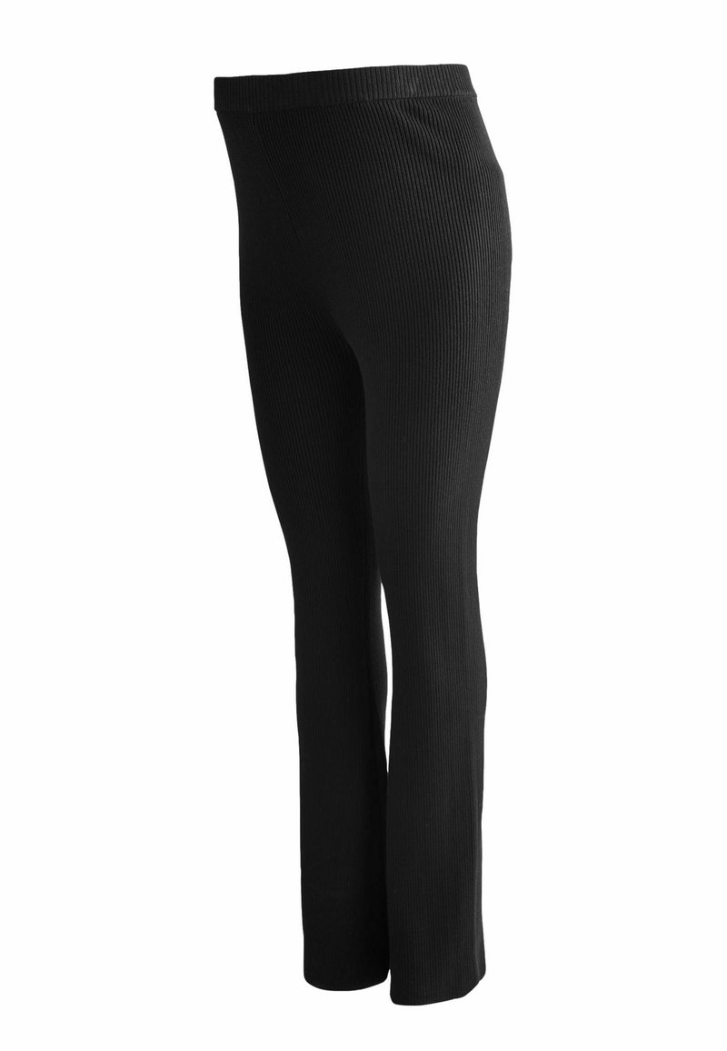 Schwarze, gerippte Hose mit geradem Bein und breitem Bund. Hergestellt aus einem dehnbaren Material für Komfort und Flexibilität.